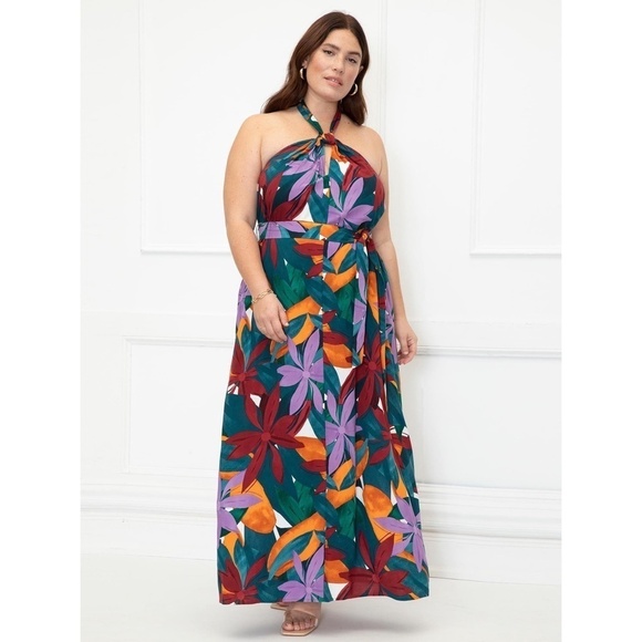 Eloquii Dress 26 Green Halter Maxi Belted Tropical Resort Feminine Floral Retro - Picture 1 of 15